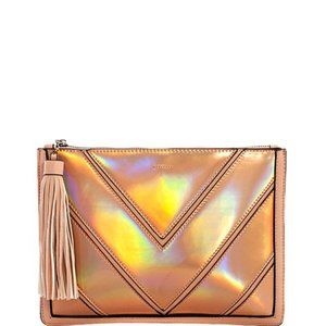 Faux Leather Iridescent Chevron Clutch Pink